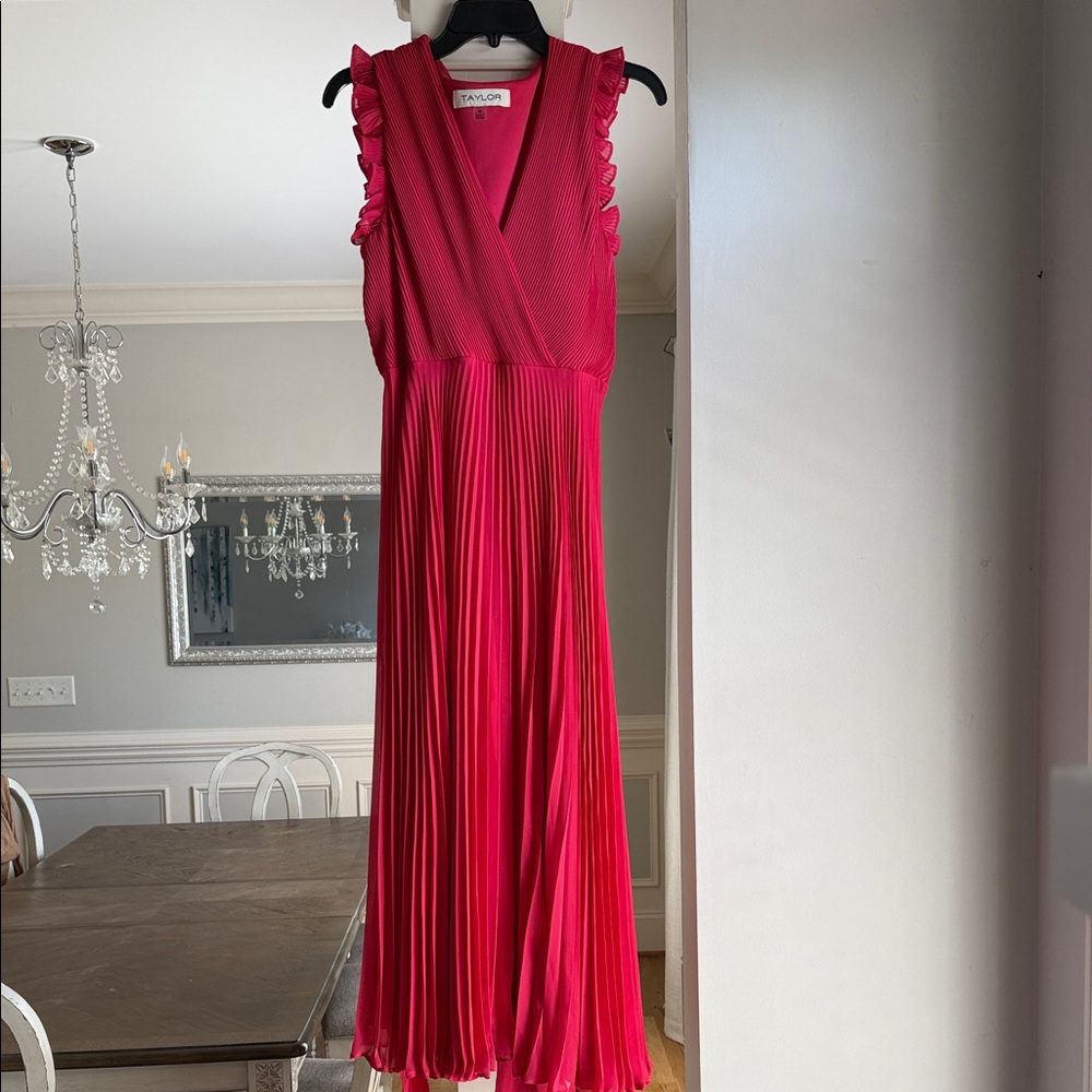 Taylor Fuchsia Pleated V-Neck Maxi Dress with Ruffle Shoulders